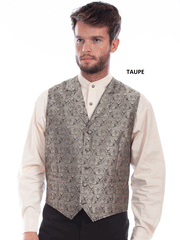 Scully RW093 Mens Rangewear Paisley Button Vest In Taupe front view. If you need any assistance with this item or the purchase of this item please call us at five six one seven four eight eight eight zero one Monday through Saturday 10:00a.m EST to 8:00 p.m EST