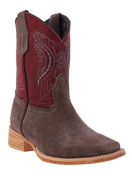 R.Watson RWK104Y Kids Roughout Wide Square Toe Western Boot Charcoal Dark Cherry side / front view. If you need any assistance with this item or the purchase of this item please call us at five six one seven four eight eight eight zero one Monday through Saturday 10:00a.m EST to 8:00 p.m EST
