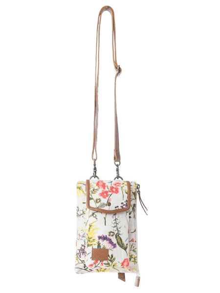 Myra Bag S-13732 Womens Floralea Crossbody Phone Bag Orchid Glow White hanging. If you need any assistance with this item or the purchase of this item please call us at five six one seven four eight eight eight zero one Monday through Saturday 10:00a.m EST to 8:00 p.m EST