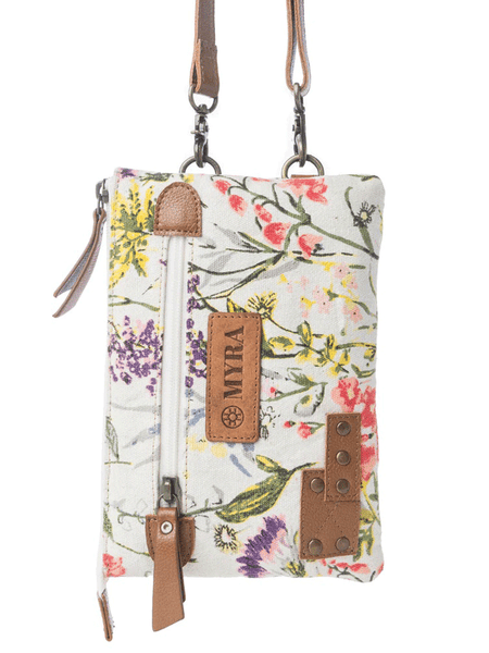 Myra Bag S-13732 Womens Floralea Crossbody Phone Bag Orchid Glow White front view. If you need any assistance with this item or the purchase of this item please call us at five six one seven four eight eight eight zero one Monday through Saturday 10:00a.m EST to 8:00 p.m EST
