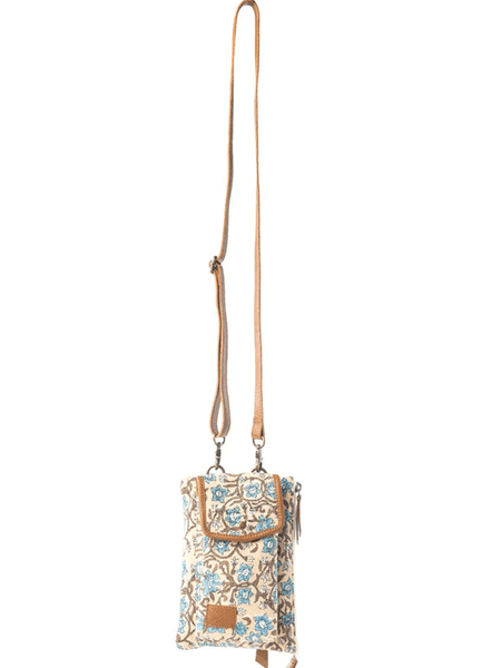 Myra Bag S-13733 Womens Skyvine Ridge Crossbody Phone Bag Cream hanging view. If you need any assistance with this item or the purchase of this item please call us at five six one seven four eight eight eight zero one Monday through Saturday 10:00a.m EST to 8:00 p.m EST