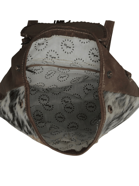 Myra Bag S-5754 Womens Dove Felt Leather Hairon Backpack Brown inside view. If you need any assistance with this item or the purchase of this item please call us at five six one seven four eight eight eight zero one Monday through Saturday 10:00a.m EST to 8:00 p.m EST