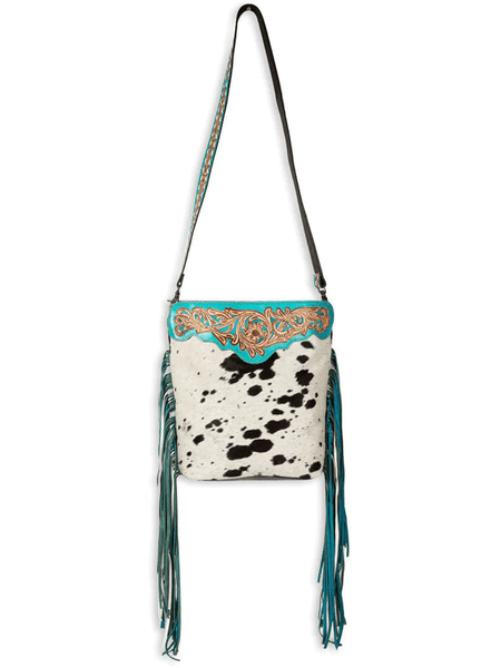 Myra Bag S-8017 Womens Pony Trail Fringed Hand-Tooled Bag front view hanging. If you need any assistance with this item or the purchase of this item please call us at five six one seven four eight eight eight zero one Monday through Saturday 10:00a.m EST to 8:00 p.m EST