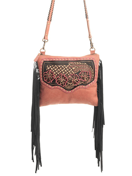 Myra Bag S-9602 Womens Millstone Fringed Hand Tooled Bag Pink front view. If you need any assistance with this item or the purchase of this item please call us at five six one seven four eight eight eight zero one Monday through Saturday 10:00a.m EST to 8:00 p.m EST