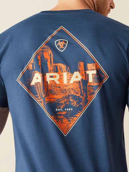 Ariat 10054769 Mens Diamond Valley T-Shirt Space Blue back graphic close up. If you need any assistance with this item or the purchase of this item please call us at five six one seven four eight eight eight zero one Monday through Saturday 10:00a.m EST to 8:00 p.m EST