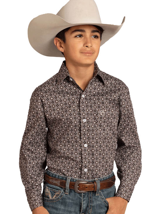 Panhandle BSBB2S07615 Kids Classic Checkered Medallion Long Sleeve Shirt Dark Brown front view. If you need any assistance with this item or the purchase of this item please call us at five six one seven four eight eight eight zero one Monday through Saturday 10:00a.m EST to 8:00 p.m EST