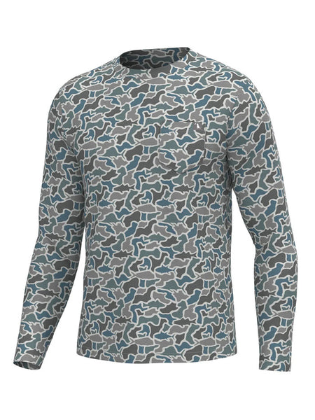 Local Boy Outfitters L1400083-FCM Mens Long Sleeve Heather Blend Crew Tee Fish Camo front view. If you need any assistance with this item or the purchase of this item please call us at five six one seven four eight eight eight zero one Monday through Saturday 10:00a.m EST to 8:00 p.m EST