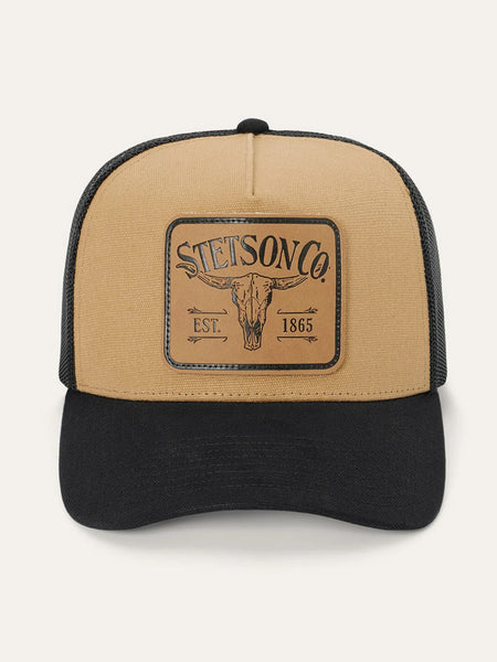 Stetson SCLLSC-0029 Longhorn Patch Trucker Cap Tan Black front view. If you need any assistance with this item or the purchase of this item please call us at five six one seven four eight eight eight zero one Monday through Saturday 10:00a.m EST to 8:00 p.m EST