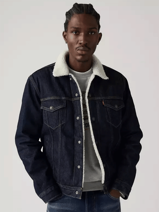Levis 163650285 Mens Type III Sherpa Trucker Jacket Inse It Out Sherpa Blue front view. If you need any assistance with this item or the purchase of this item please call us at five six one seven four eight eight eight zero one Monday through Saturday 10:00a.m EST to 8:00 p.m EST