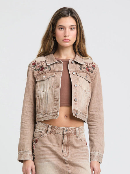 Grace In LA TE-S899 Womens Floral Embroidered Denim Jacket Camel Tan front view. If you need any assistance with this item or the purchase of this item please call us at five six one seven four eight eight eight zero one Monday through Saturday 10:00a.m EST to 8:00 p.m EST