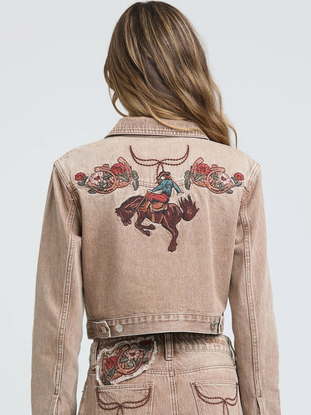 Grace In LA TE-S899 Womens Floral Embroidered Denim Jacket Camel Tan back view. If you need any assistance with this item or the purchase of this item please call us at five six one seven four eight eight eight zero one Monday through Saturday 10:00a.m EST to 8:00 p.m EST