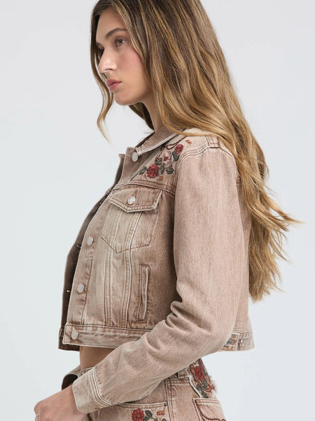 Grace In LA TE-S899 Womens Floral Embroidered Denim Jacket Camel Tan side view. If you need any assistance with this item or the purchase of this item please call us at five six one seven four eight eight eight zero one Monday through Saturday 10:00a.m EST to 8:00 p.m EST