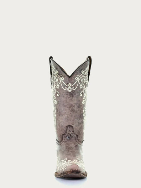 Corral A2773 Teens Floral Embroidery Snip Toe Boot Bone front view. If you need any assistance with this item or the purchase of this item please call us at five six one seven four eight eight eight zero one Monday through Saturday 10:00a.m EST to 8:00 p.m EST