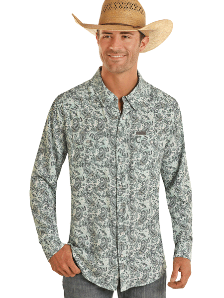 Panhandle TMN2S03503 Mens Long Sleeve Performance Paisley Print Shirt Turquoise front view. If you need any assistance with this item or the purchase of this item please call us at five six one seven four eight eight eight zero one Monday through Saturday 10:00a.m EST to 8:00 p.m EST