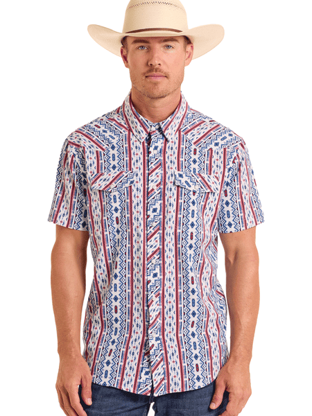 Panhandle TMN3S06661 Mens Aztec Print Short Sleeve Performance Snap Shirt Blue front view. If you need any assistance with this item or the purchase of this item please call us at five six one seven four eight eight eight zero one Monday through Saturday 10:00a.m EST to 8:00 p.m EST