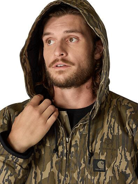 Carhartt 104392-BRN Mens Washed Duck Sherpa Lined Jacket Brown hoodie close up. If you need any assistance with this item or the purchase of this item please call us at five six one seven four eight eight eight zero one Monday through Saturday 10:00a.m EST to 8:00 p.m EST