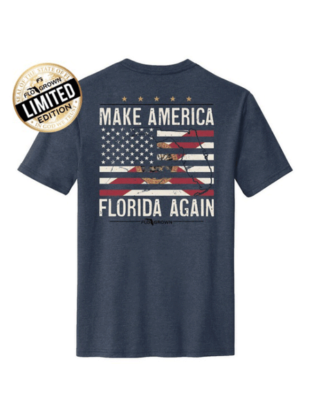 FloGrown FGM1-1127 Mens Limited Edition Make America Florida Again Tee Heather Blue back view. If you need any assistance with this item or the purchase of this item please call us at five six one seven four eight eight eight zero one Monday through Saturday 10:00a.m EST to 8:00 p.m EST