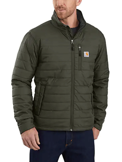 Carhartt 102208-MOS Mens Rain Defender Insulated Lightweight Jacket Moss on model. If you need any assistance with this item or the purchase of this item please call us at five six one seven four eight eight eight zero one Monday through Saturday 10:00a.m EST to 8:00 p.m EST