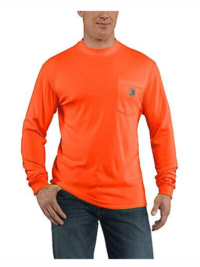 Carhartt 100494-824 Mens Force Color Enhanced Long Sleeve T-Shirt Brite Orange front view on model. If you need any assistance with this item or the purchase of this item please call us at five six one seven four eight eight eight zero one Monday through Saturday 10:00a.m EST to 8:00 p.m EST