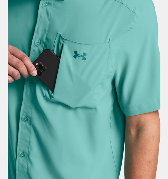 Under Armour 1369306 Mens UA Drift Tide 2.0 Short Sleeve Turquoise close up. If you need any assistance with this item or the purchase of this item please call us at five six one seven four eight eight eight zero one Monday through Saturday 10:00a.m EST to 8:00 p.m EST
