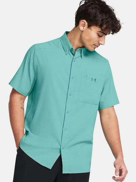 Under Armour 1369306 Mens UA Drift Tide 2.0 Short Sleeve Turquoise front view. If you need any assistance with this item or the purchase of this item please call us at five six one seven four eight eight eight zero one Monday through Saturday 10:00a.m EST to 8:00 p.m EST