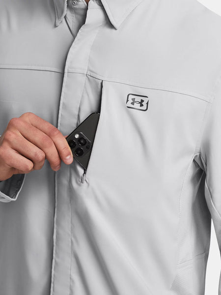 Under Armour 1383570 Mens UA Fish Pro Hybrid Woven Long Sleeve Gray close up. If you need any assistance with this item or the purchase of this item please call us at five six one seven four eight eight eight zero one Monday through Saturday 10:00a.m EST to 8:00 p.m EST