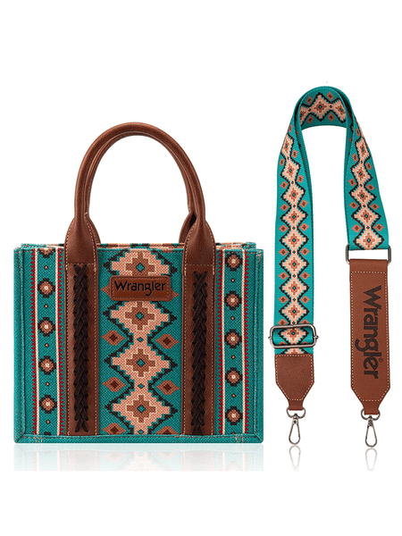 Wrangler WG2202-8120STQ Womens Southwestern Print Small Canvas Tote Crossbody Turquoise front view with strap. If you need any assistance with this item or the purchase of this item please call us at five six one seven four eight eight eight zero one Monday through Saturday 10:00a.m EST to 8:00 p.m EST