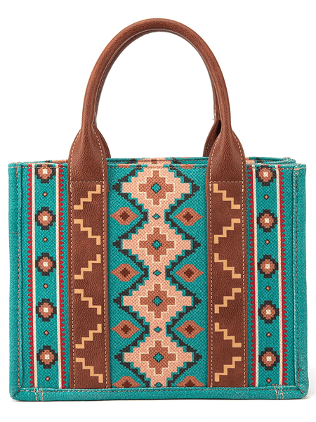 Wrangler WG2202-8120STQ Womens Southwestern Print Small Canvas Tote Crossbody Turquoise back view. If you need any assistance with this item or the purchase of this item please call us at five six one seven four eight eight eight zero one Monday through Saturday 10:00a.m EST to 8:00 p.m EST