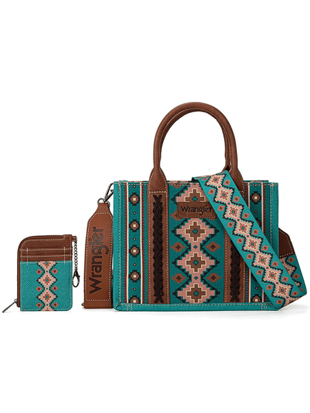 Wrangler WG2202-8120STQ Womens Southwestern Print Small Canvas Tote Crossbody Turquoise front view with mini zip card case. If you need any assistance with this item or the purchase of this item please call us at five six one seven four eight eight eight zero one Monday through Saturday 10:00a.m EST to 8:00 p.m EST