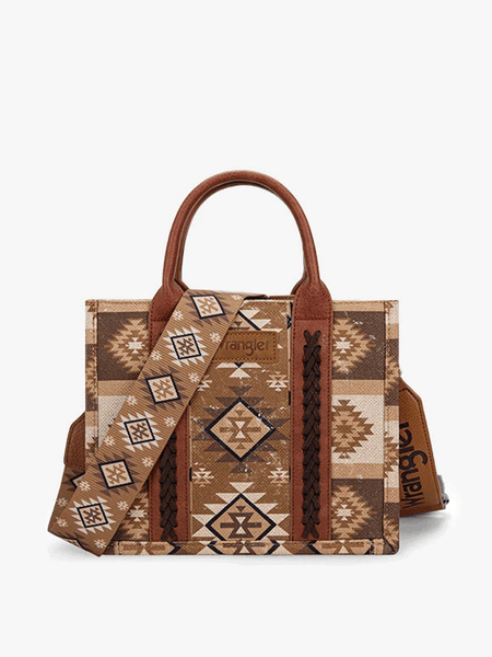 Wrangler WG2209-8120SBR Womens Aztec Pattern Dual Sided Print Tote Bag Brown front view. If you need any assistance with this item or the purchase of this item please call us at five six one seven four eight eight eight zero one Monday through Saturday 10:00a.m EST to 8:00 p.m EST