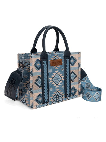 Wrangler WG2209-8120SJN Womens Aztec Pattern Dual Sided Print Tote Bag Blue Jean front and side view. If you need any assistance with this item or the purchase of this item please call us at five six one seven four eight eight eight zero one Monday through Saturday 10:00a.m EST to 8:00 p.m EST