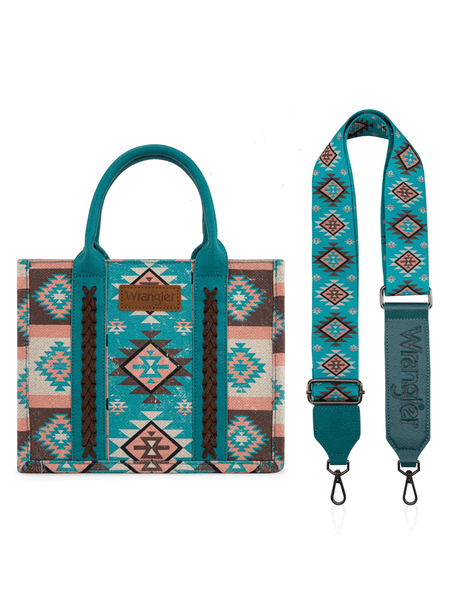 Wrangler WG2209-8120STQ Womens Aztec Pattern Dual Sided Print Tote Bag Turquoise front view. If you need any assistance with this item or the purchase of this item please call us at five six one seven four eight eight eight zero one Monday through Saturday 10:00a.m EST to 8:00 p.m EST