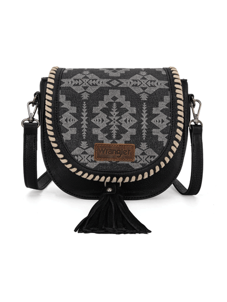 Wrangler WG2212-8136BK Womens Southwestern Print Saddle Bag Black front view. If you need any assistance with this item or the purchase of this item please call us at five six one seven four eight eight eight zero one Monday through Saturday 10:00a.m EST to 8:00 p.m EST