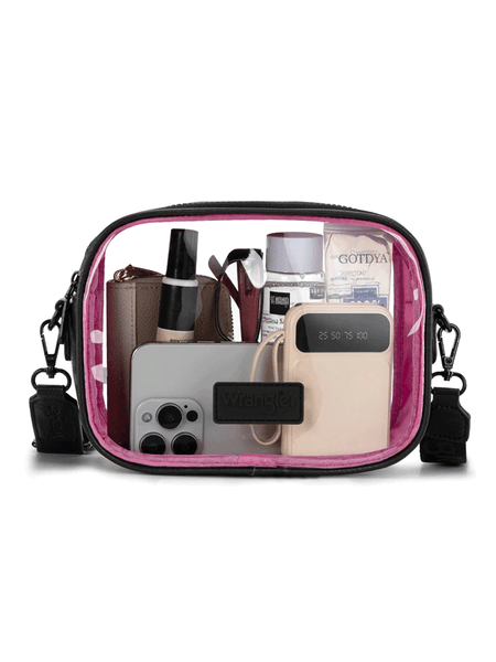Wrangler WG229-603BK-HPK Womens Clear Crossbody Bag / Stadium Bag Black Hot Pink front view. If you need any assistance with this item or the purchase of this item please call us at five six one seven four eight eight eight zero one Monday through Saturday 10:00a.m EST to 8:00 p.m EST