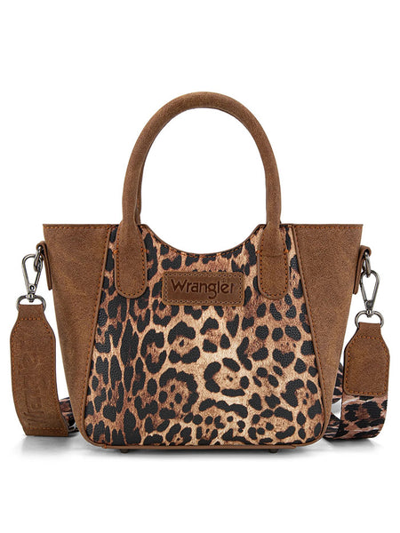 Wrangler WG296-8015BR Womens Leopard Print Small Tote/Crossbody Bag Brown front view. If you need any assistance with this item or the purchase of this item please call us at five six one seven four eight eight eight zero one Monday through Saturday 10:00a.m EST to 8:00 p.m EST