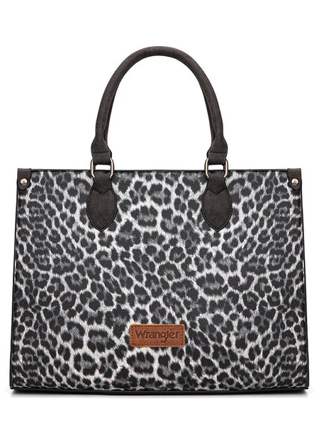 Wrangler WG296-8625BK Womens Leopard Print Wide Tote/Crossbody Bag Black front view. If you need any assistance with this item or the purchase of this item please call us at five six one seven four eight eight eight zero one Monday through Saturday 10:00a.m EST to 8:00 p.m EST