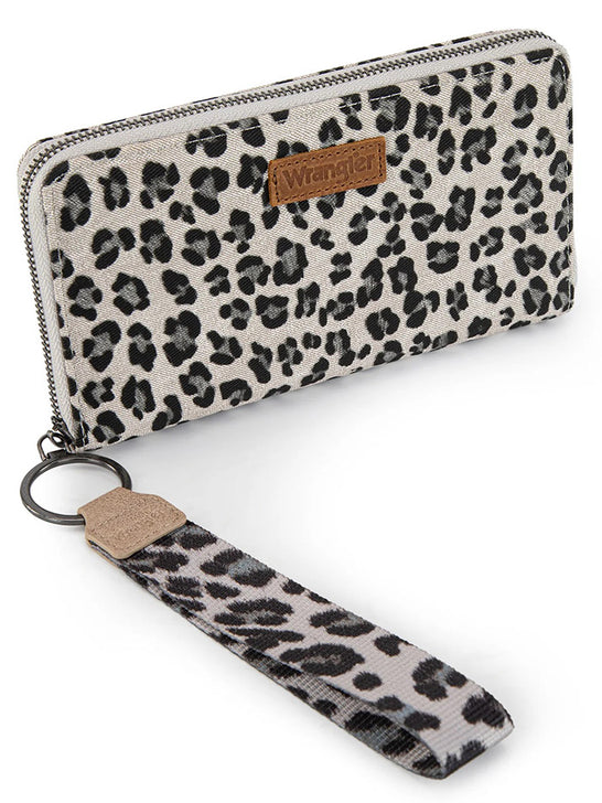 Wrangler WG366-W006BG Womens Leopard Print Wallet/Wristlet Bag Beige front view. If you need any assistance with this item or the purchase of this item please call us at five six one seven four eight eight eight zero one Monday through Saturday 10:00a.m EST to 8:00 p.m EST