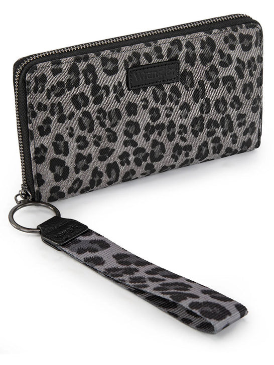 Wrangler WG366-W006BK Womens Leopard Print Wallet/Wristlet Bag Black front view. If you need any assistance with this item or the purchase of this item please call us at five six one seven four eight eight eight zero one Monday through Saturday 10:00a.m EST to 8:00 p.m EST