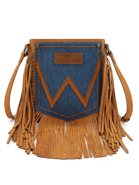 Wrangler WG367-8360LBR Womens Leather Fringe Jean Denim Pocket Crossbody Bag Light Brown front view. If you need any assistance with this item or the purchase of this item please call us at five six one seven four eight eight eight zero one Monday through Saturday 10:00a.m EST to 8:00 p.m EST