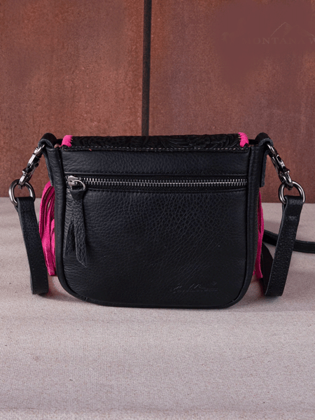 Montana West RLC-L159BK-HPK Womens Genuine Leather Tooled Collection Fringe Crossbody Black Hot Pink back view. If you need any assistance with this item or the purchase of this item please call us at five six one seven four eight eight eight zero one Monday through Saturday 10:00a.m EST to 8:00 p.m EST