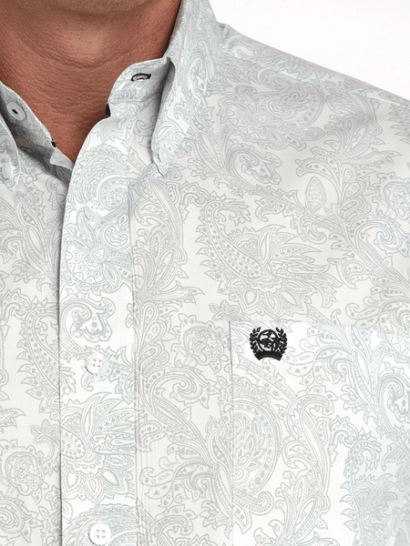 Cinch MTW1105984 Mens Long Sleeve Paisley Print Shirt White close up. If you need any assistance with this item or the purchase of this item please call us at five six one seven four eight eight eight zero one Monday through Saturday 10:00a.m EST to 8:00 p.m EST