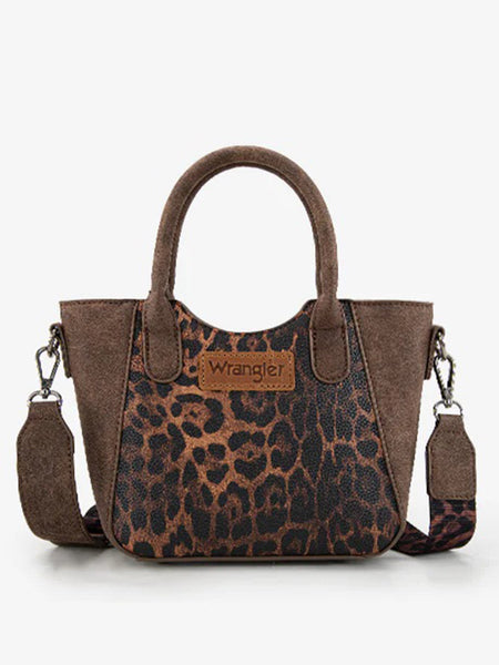 Wrangler WG296-8015CF Womens Leopard Print Small Tote/Crossbody Bag Coffee front view. If you need any assistance with this item or the purchase of this item please call us at five six one seven four eight eight eight zero one Monday through Saturday 10:00a.m EST to 8:00 p.m EST