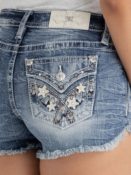 Miss Me M3444H138 Womens Stars Align Denim Shorts Medium Wash back close up. If you need any assistance with this item or the purchase of this item please call us at five six one seven four eight eight eight zero one Monday through Saturday 10:00a.m EST to 8:00 p.m EST