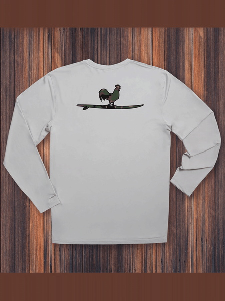 Beach & Barn CAMO SURFING ROOSTER Mens Long Sleeve Sunshelter Shirt Aluminum Silver back view. If you need any assistance with this item or the purchase of this item please call us at five six one seven four eight eight eight zero one Monday through Saturday 10:00a.m EST to 8:00 p.m EST