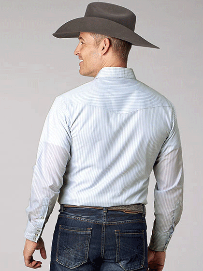 Roper 01-001-0144-0445 Mens Long Sleeve Western Stripe Shirt Light Blue back view. If you need any assistance with this item or the purchase of this item please call us at five six one seven four eight eight eight zero one Monday through Saturday 10:00a.m EST to 8:00 p.m EST
