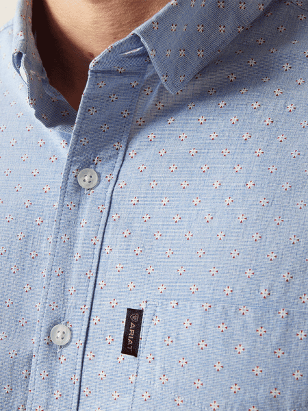 Ariat 10058985 Mens Mikey Modern Fit Long Sleeve Shirt Light Blue front close up. If you need any assistance with this item or the purchase of this item please call us at five six one seven four eight eight eight zero one Monday through Saturday 10:00a.m EST to 8:00 p.m EST