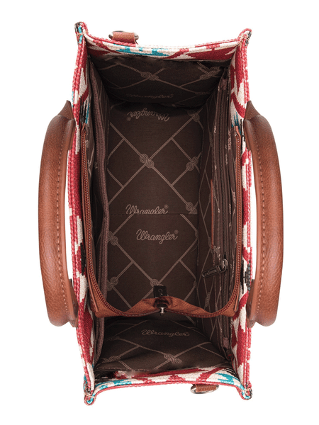 Wrangler WG2203-8120SBDY Womens Southwestern Print Small Canvas Crossbody Tote Burgundy Red inside view. If you need any assistance with this item or the purchase of this item please call us at five six one seven four eight eight eight zero one Monday through Saturday 10:00a.m EST to 8:00 p.m EST