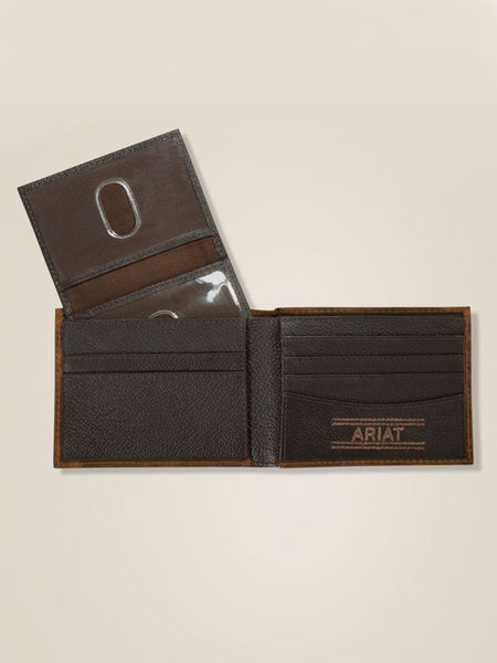 Ariat A3545602 Mens Bifold American Flag Wallet Bark open inside view. If you need any assistance with this item or the purchase of this item please call us at five six one seven four eight eight eight zero one Monday through Saturday 10:00a.m EST to 8:00 p.m EST