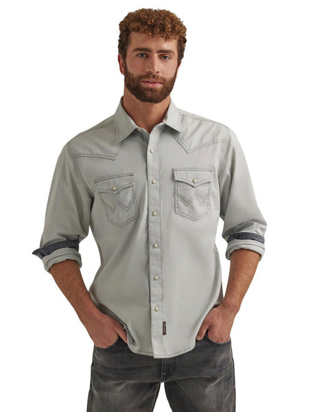 Wrangler 112344544 Mens Retro Long Sleeve Shirt Grey front view. If you need any assistance with this item or the purchase of this item please call us at five six one seven four eight eight eight zero one Monday through Saturday 10:00a.m EST to 8:00 p.m EST
