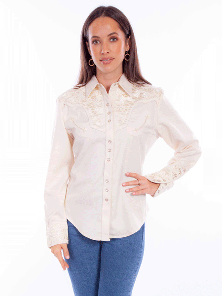 Scully PL-654-IVO Womens Floral Tooled Embroidery Western Shirt Ivory front view. If you need any assistance with this item or the purchase of this item please call us at five six one seven four eight eight eight zero one Monday through Saturday 10:00a.m EST to 8:00 p.m EST